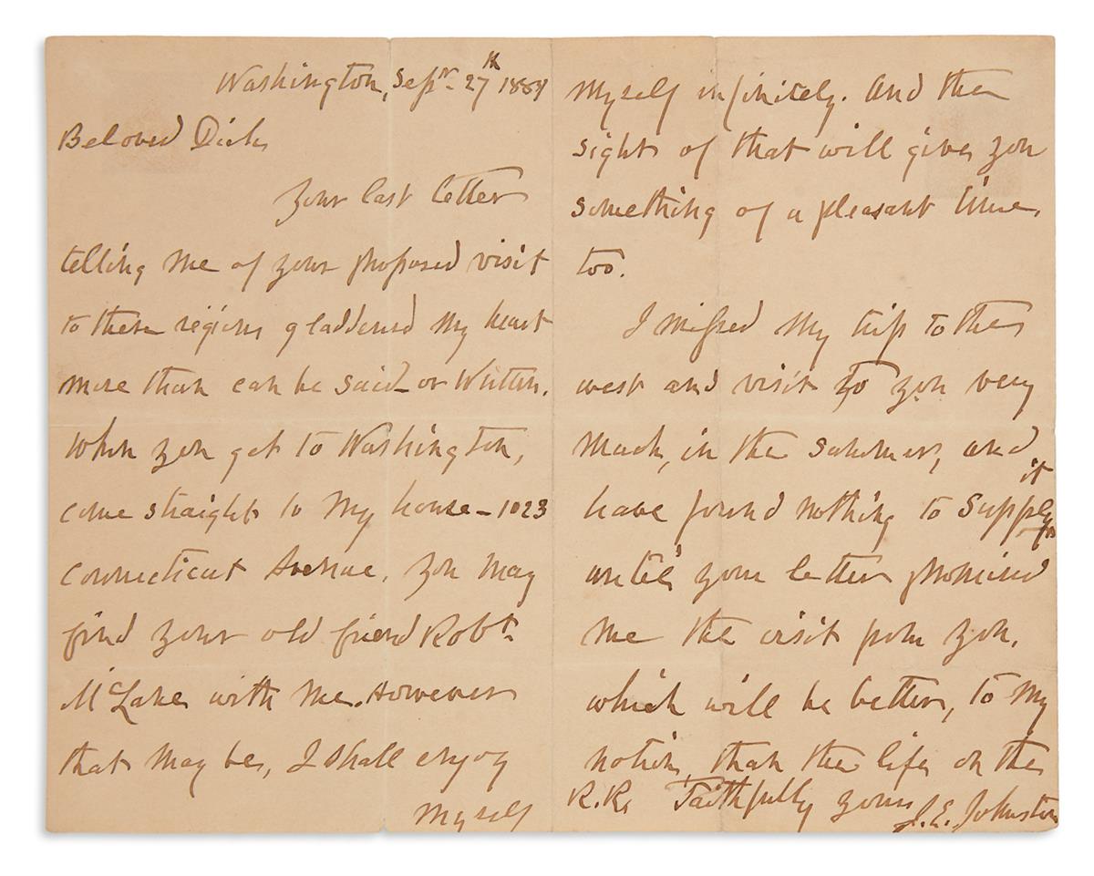JOHNSTON, JOSEPH E. Autograph Letter Signed, J.E. Johnston, to Beloved Dick,